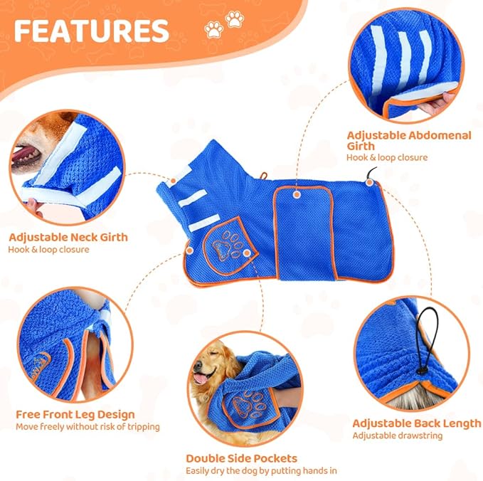 SlowTon Dog Bathrobe Towel - Super Absorbent Microfiber Pet Quick Drying Towel, Wearable Soft Bath Robes for After Bath Shower Swim Wet Walk, Adjustable for Small Middle Large Dogs (Blue, XL)