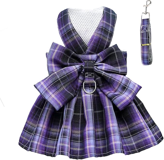 PETCARE Plaid Dog Dress Bow Tie Harness Leash Set for Small Dogs Cats Girl Cute Princess Dog Dresses Spring Summer Puppy Bunny Rabbit Clothes Chihuahua Yorkies Pet Outfits
