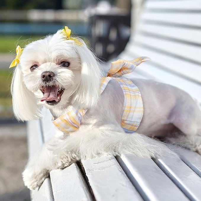 Cute Dog Harness and Leash Set with Bow Tie Soft Mesh Plaid Girl Puppy Harness No Pull Pet Cat Dog Vest Harness for Small Dogs Chihuahua Rabbit Outfit (Yellow,XS)