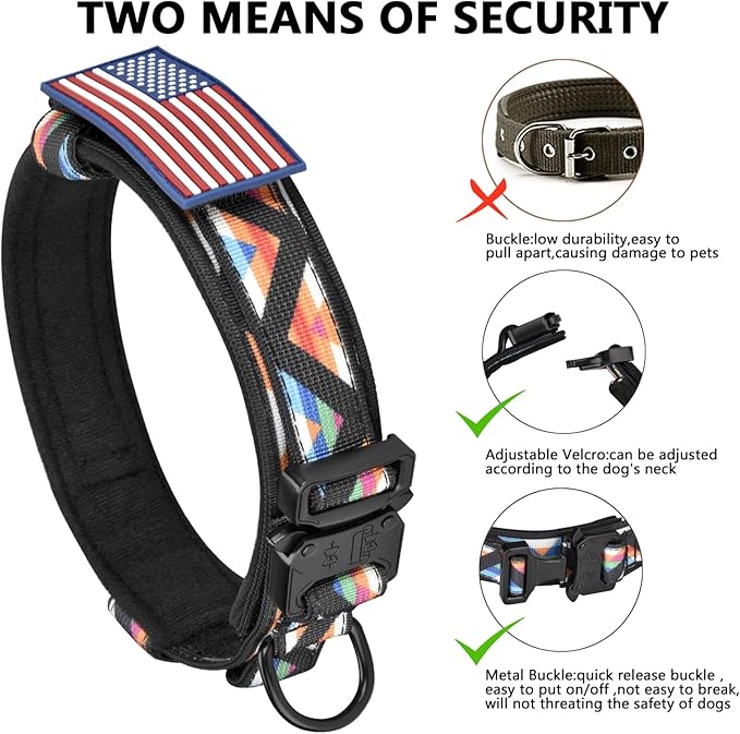 DAGANXI Tactical Dog Collar, Adjustable Military Training Nylon Dog Collar with Control Handle and Heavy Metal Buckle for Medium and Large Dogs, with Patches and Airtags Case (XL, Colorful Triangle)