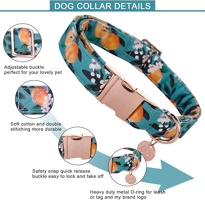 Peach Summer Cotton Dog Collar with Metal Buckle Gift Collar for Small Medium Large Girls or Boys Dogs Cute Durable Comfortable Pet Collars