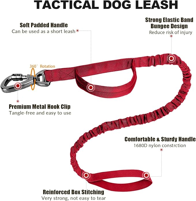 Tactical Dog Collar and Bungee Leash,Military Dog Collar & Leash Set with USA American Flag Adjustable K9 Collar with Heavy Duty Metal Buckle & Handle,with Patches and Airtags Case (M, Red)