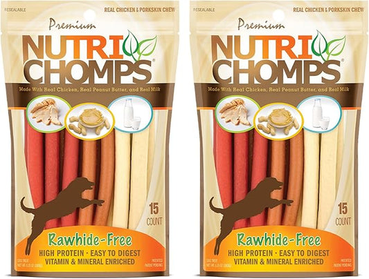 NutriChomps Dog Chews, 5-inch Twists, Easy to Digest, Rawhide-Free Dog Treats, 15 Count, Real Chicken, Peanut Butter and Milk Flavors, Bundle of 2, Brown, red, Cream (NT051V-2)