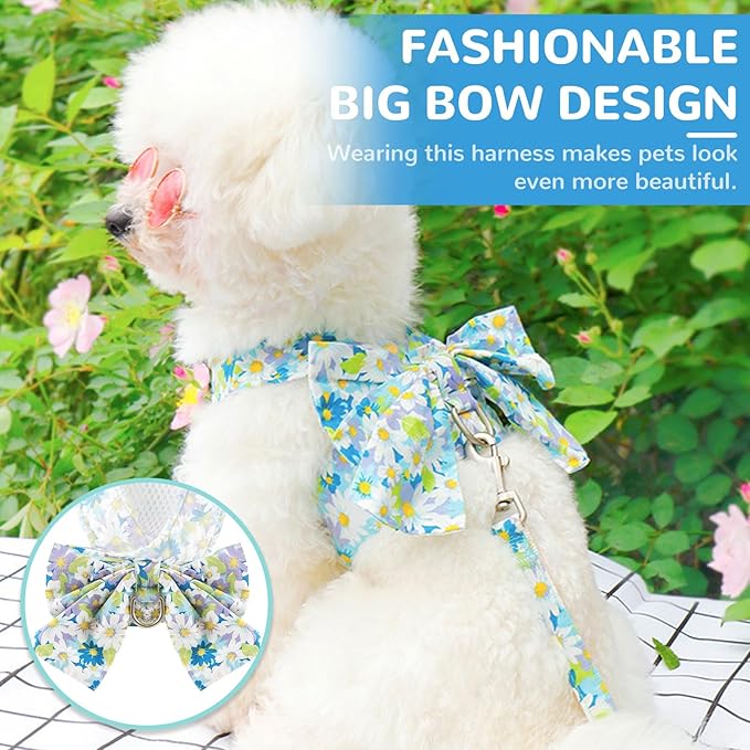 BAEJMJK Dog Harness and Leash Set with Bow Knot No Pull Pet Daisy Floral Harness with D-Ring Soft Mesh Dog Harness Vest Set Escape Proof Princess Puppy Harness for Small Girl Dogs Cats(Blue A XS)
