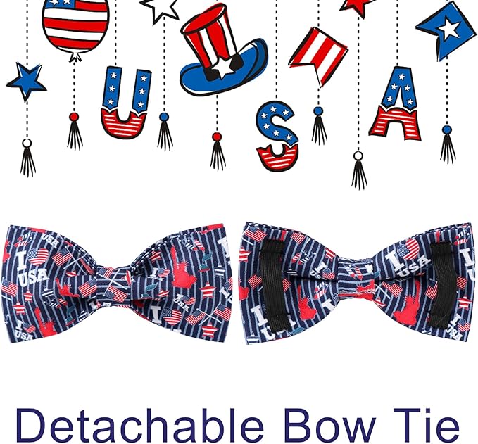 American Flag Dog Collar with Bow Tie, 4th of July Comfortable Cotton Cute Dog Collar with Metal Buckle, Patriotic Bowtie Collar for Puppy Girl Boy Dog or Cat, XS