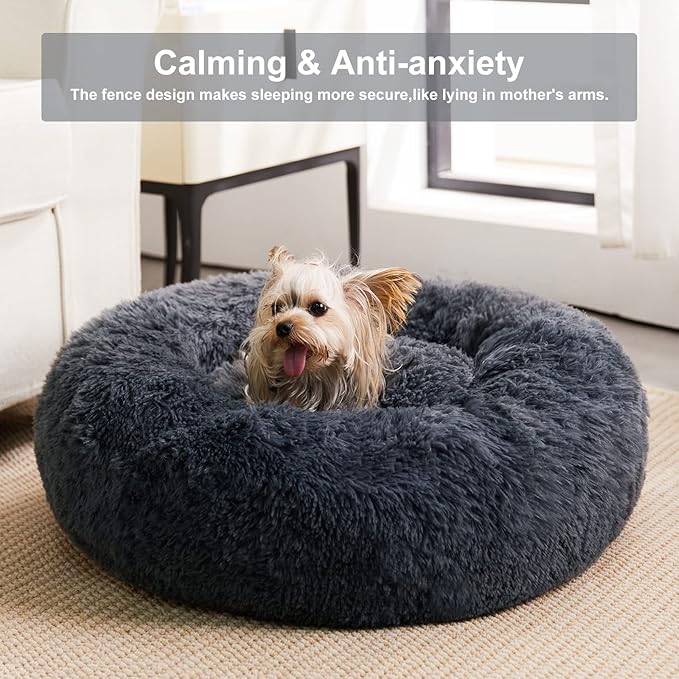 WNPETHOME Calming Dog & Cat Bed, Anti-Anxiety Donut Bed, Fluffy Faux Fur Cushion for Small Dogs and Cats (20 x 20 x 8 Inch, Navy Grey)