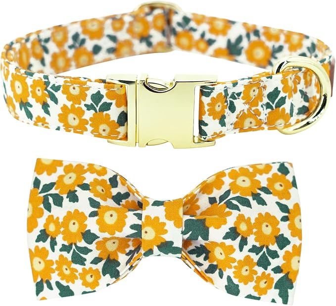 Tunkoo Dog Collar Floral with Elegant Bow Tie Soft Comfy Cotton Adjustable Collar, Premium Metal Buckle for Puppy and Cat Small Medium Large(Yellow Flowers,L)