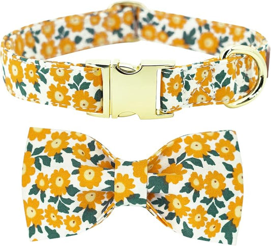 Tunkoo Dog Collar Floral with Elegant Bow Tie Soft Comfy Cotton Adjustable Collar, Premium Metal Buckle for Puppy and Cat Small Medium Large(Yellow Flowers,L)