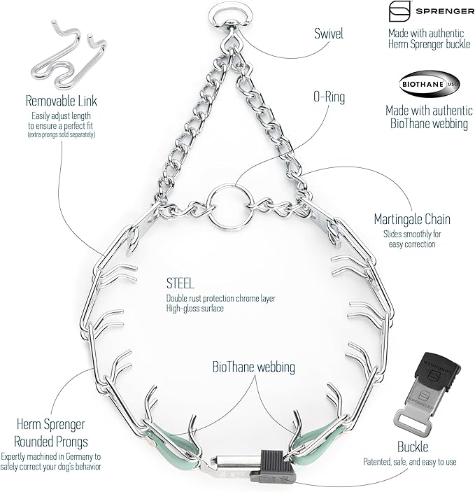 Herm Sprenger Chrome Plated Steel Dog Collar with Quick Release ClicLock Buckle and Biothane Insert Training Collar for Dogs Made in Germany (Sage Green, 22in x 3.0mm(Neck Size up to 18-19in))