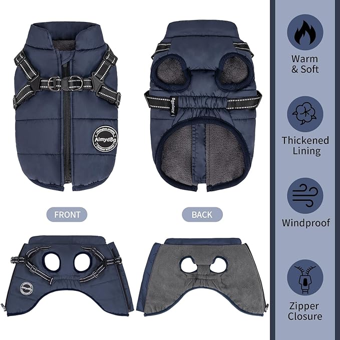 Warm Coat for Dogs, Fashion Sports Jacket with Built-in Harness, Adjustable Pet Vest - Waterproof and Reflection, Navy