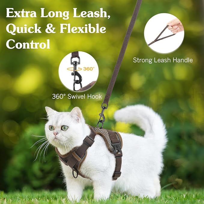 Cat Harness and Leash Set for Walking, Adjustable Kitten Vest Harness with Reflective Strip Breathable Mesh, Escape Proof Soft Pet Safety Vest for Cats, Kittens, Puppies, S Coffee