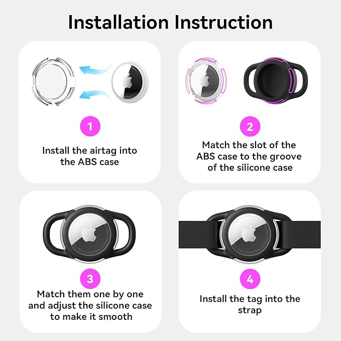 Waterproof Airtag Dog Collar Holder, Silicone & ABS Airtag Holder for Dog & Cat Collars, Ultra-Durable, Lightweight and Protective Airtag Case (Black & Rose, Small)