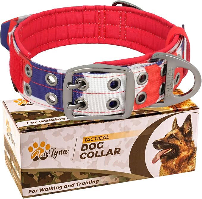 ADITYNA Heavy Duty Dog Collar for Extra-Large Dogs - Camo Red Blue Collar with Handle for Training, and Walking - Wide, Tactical, Soft Neoprene Padded