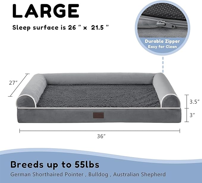 WESTERN HOME Orthopedic Dog Beds for Large Dogs, Foam Pet Sofa with Waterproof Lining, Removable Washable Cover and Nonskid Bottom, Dog Couch Bed for Comfortable Sleep,Dark Grey