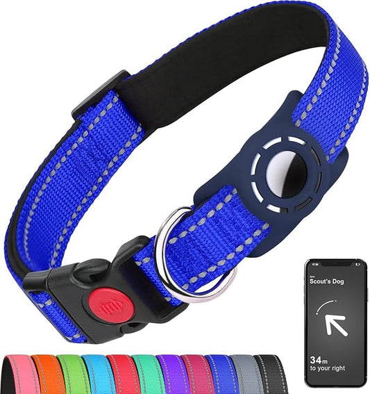 Airtag Dog Collar with AirTag Holder for Medium Dogs, Reflective, Soft Padded & Safety Locking Buckle, Nylon Pet Collars Adjustable for All Breeds, NavyBlue,M
