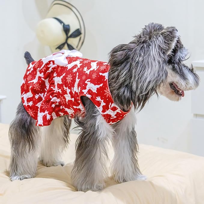 CuteBone Dog Christmas Dresses Outfit Velvet Holiday Small Dogs Clothes Onesie Pet Apparel Girl Puppy Skirt with Bow Hair Rope CVA29L