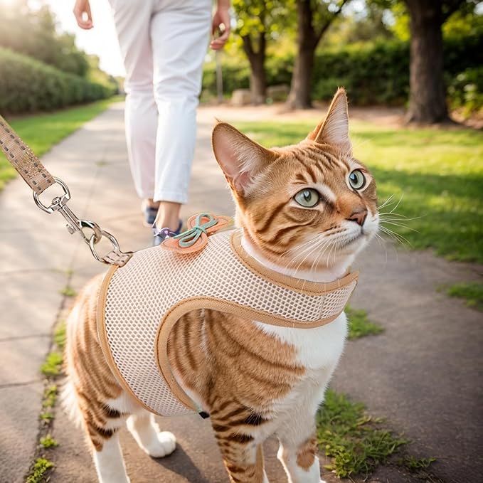 Rabbit Harness and Leash Set with Cute Bow tie Buckle Breathable Mesh Vest Harness for Rabbits Kitten Small Pets Pig Walking(L: Chest Girth 11.02-13.38IN, Khaki)