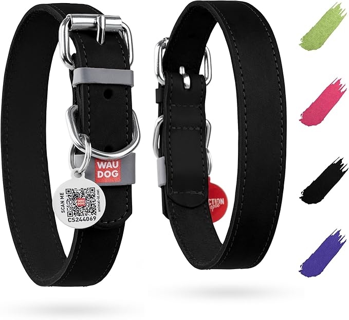 WAUDOG Long Lasting Leather Dog Collar for Large Dogs, Medium & Small Dogs - Adjustable Classic Puppy Collars for Large Breed Dogs - Boy & Girl Dog Collars with Durable Buckle, D-Ring & QR Dog Tag