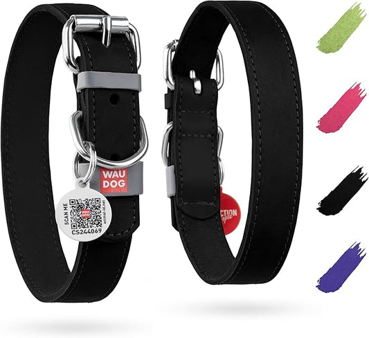 WAUDOG Long Lasting Leather Dog Collar for Large Dogs, Medium & Small Dogs - Adjustable Classic Puppy Collars for Large Breed Dogs - Boy & Girl Dog Collars with Durable Buckle, D-Ring & QR Dog Tag