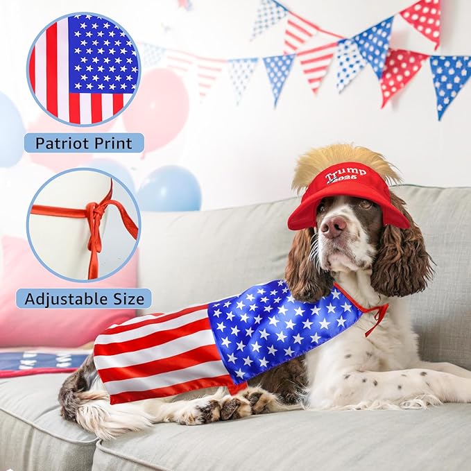 SCENEREAL 4th July Dog Costume Independence Day Pet Outfit Set Holiday Clothing Accessories Includes Dog Wig Hat, American Flag Cape and Patriotic Bandana for Medium Dogs