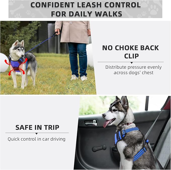 No Pull Dog Harness with A Free Heavy Duty 5ft Dog Leash, Adjustable Soft Padded Dog Vest, Reflective No-Choke Pet Oxford Vest with Easy Control Handle for Small and Large Dogs (Blue, Large)