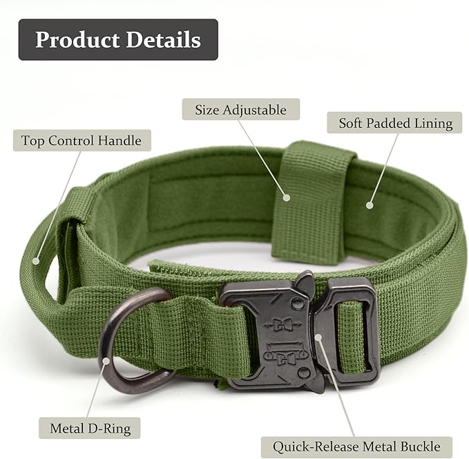 Tactical Dog Collar, Adjustable Military Training Nylon Dog Collar with Control Handle and Heavy Quick-Release Metal Buckle for Small Medium Large Dogs, Green XL