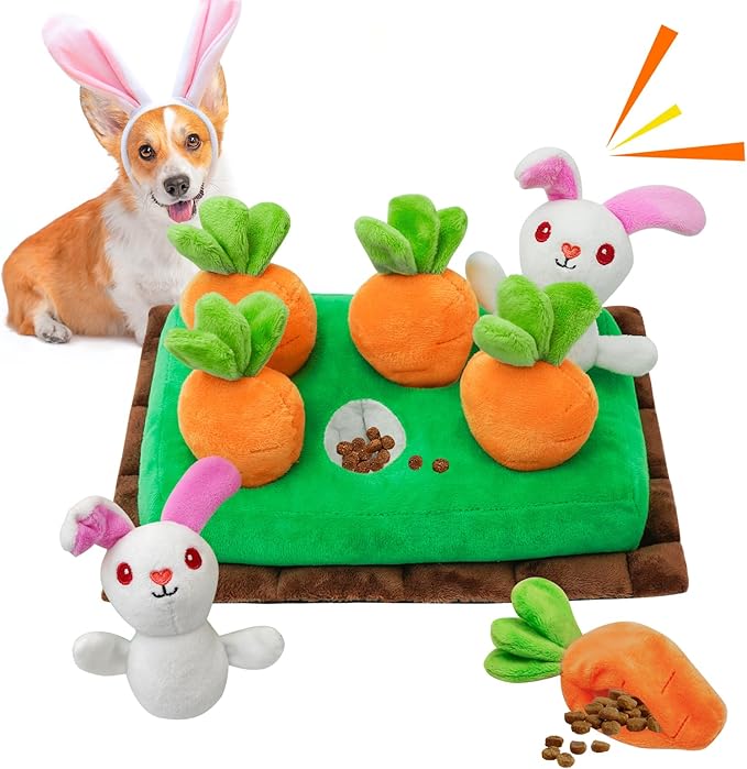 Easter Dog Toys, Hide and Seek Dog Toy, Squeaky Interactive Puzzle Dog Toys for Boredom and Stimulation, Easter Dog Gift for Small and Medium Dogs (Carrots & Rabbits, Pack of 7)