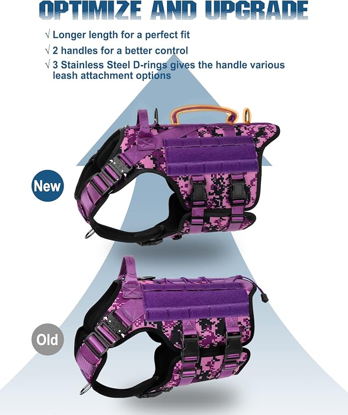 Tactical Dog Harness - PETNANNY Dog Harness Service Dog Vest for Large Breed Dog, Hook and Loop Panel for Service Dog Patchs, Work Dog MOLLE Vest with Handle for Walking Hiking Training(Purple Camo,M)