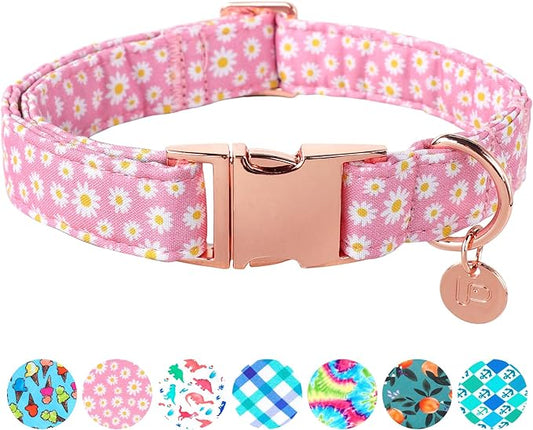Daisy Summer Cotton Dog Collar with Metal Buckle Gift Pink Collar for Small Medium Large Girls or Boys Dogs Cute Durable Comfortable Pet Collars
