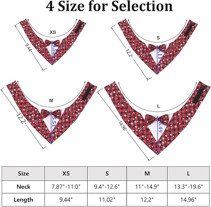 Adjustable Red Plaid Christmas Dog Tuxedo Bandana with Bow Tie - Holiday Pet Outfit Costume for Dogs XS to XL