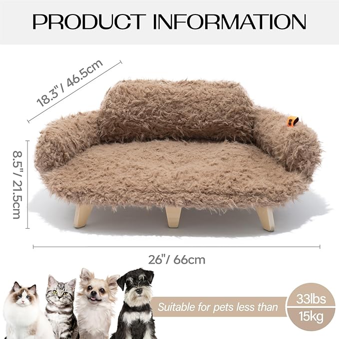 MEWOOFUN Removable Washable Cover Cat Bed - 26"x18.3"x8.5" Elevated Wooden Pet Sofa for Cats & Small to Medium Dogs, Modern Pet Furniture (Brown)
