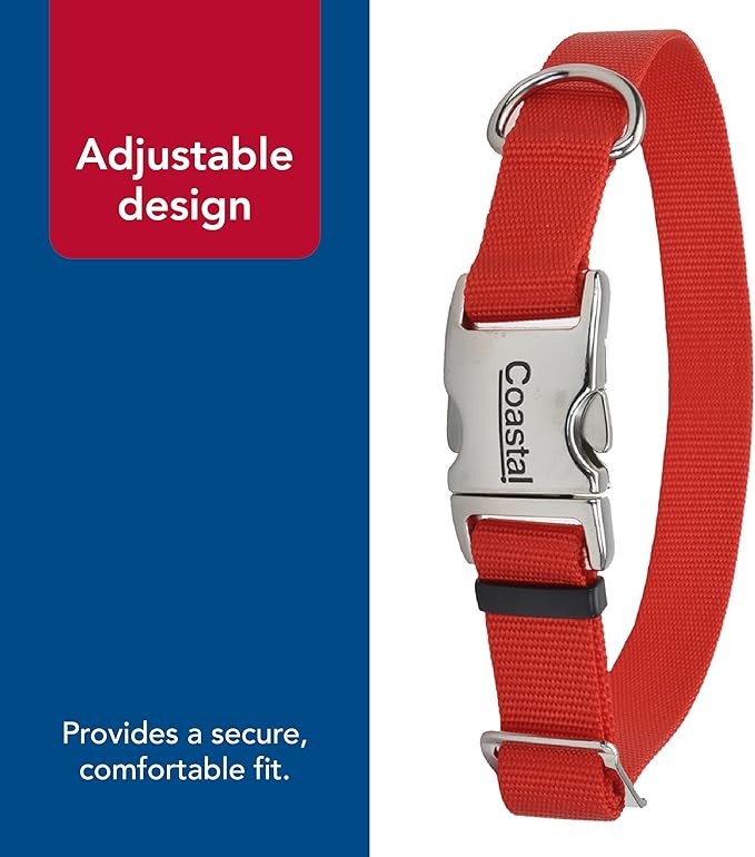 CCoastal Pet Adjustable Dog Collar with Metal Buckle - Comfortable Fade-Resistant Dog Collar with Snap Lock - Perfect for Walking & Tie Outs - Red - 5/8" x 10"-14"