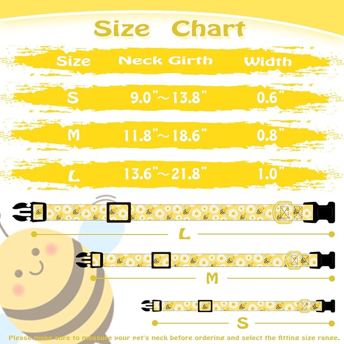 Cute Cotton Dog Collar for Small Medium Large Dogs Special Design Cute Yellow Bee Dog Collar for Boy Girl Dogs Soft Adjustable Bees Puppy Collars for Male Female Dogs Pet Collar