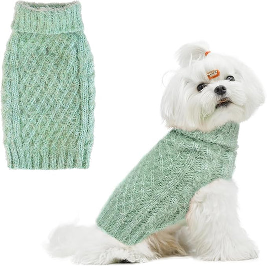 Turtleneck Small Dog Sweaters - Classic Cable Knitwear Winter Coat for Small Medium Dogs Male Female Puppy Dog Cold Weather Clothes Girls Boys, Green, S/M