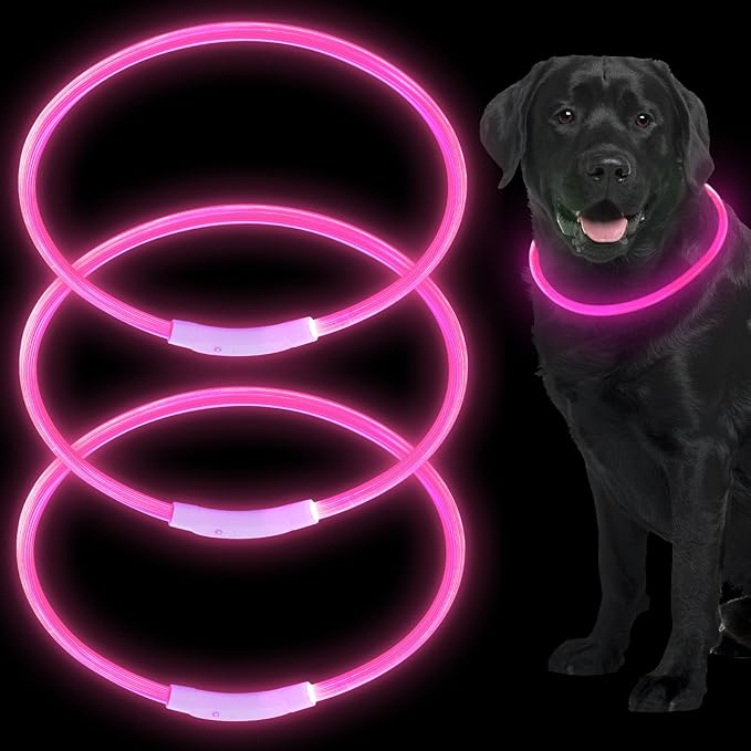 Weewooday 3 Pcs Dog Collar LED USB Rechargeable Lights Dog Necklace Collars Doggy Lights for Night Walking Adjustable Safety Lamp Pet Collars for Large Medium Small Puppy Pet(Rose Red,Classic Style)