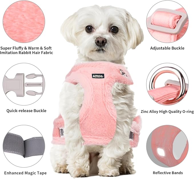 AIITLE Plush and Faux Suede Dog Winter Harness and Leash Set - Breathable Warm Dog Harness - Magic Tape Design Fleece Lined Dog Vest for Cold Weather, Easy to Put on Small and Medium Dogs Pure Pink S