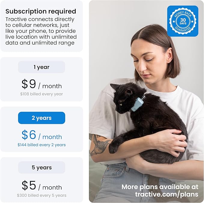 Tractive GPS Cat Tracker (6.5 lbs+), Real-time Pet Location Tracker, Health & Wellness Alerts, Battery Life Up to 7 Days, Breakaway Cat Collar Included (Dark Blue)