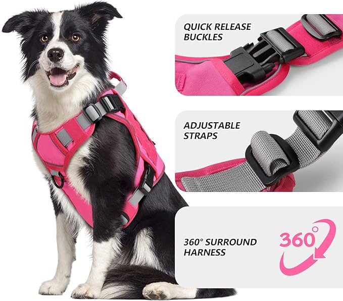 WINGOIN Tactical Dog Harness for Extra Large Dogs, Heavy Duty No Pull Dog Harness with Handle, Adjustable Reflective Military K9 German Shepherd Big Dog Vest for Training, Walking, Pink (XXL)