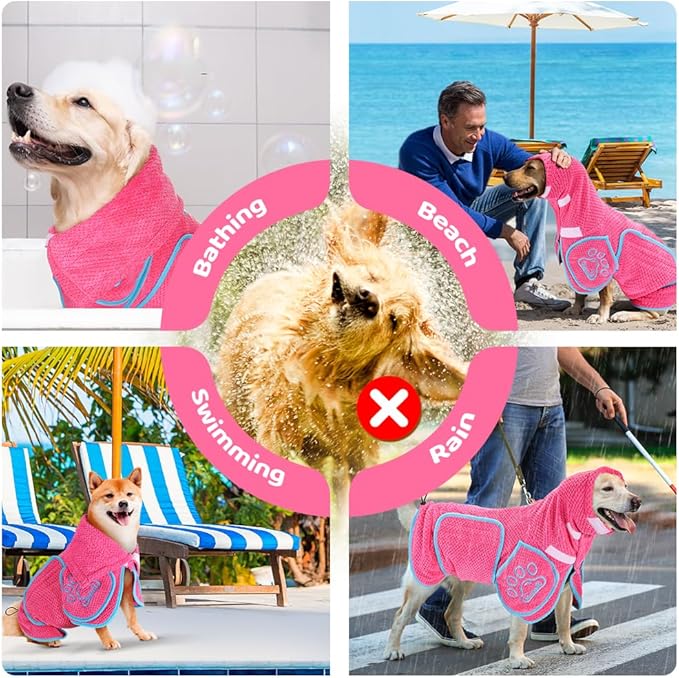SlowTon Dog Bathrobe Towel - Super Absorbent Microfiber Pet Quick Drying Towel, Wearable Soft Bath Robes for After Bath Shower Swim Wet Walk, Adjustable for Small Middle Large Dogs (Pink, XS)