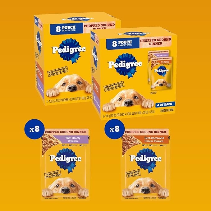 PEDIGREE CHOPPED GROUND DINNER Adult Soft Wet Dog Food 8-Count Variety Pack, 3.5 oz Pouches (Pack of 2)
