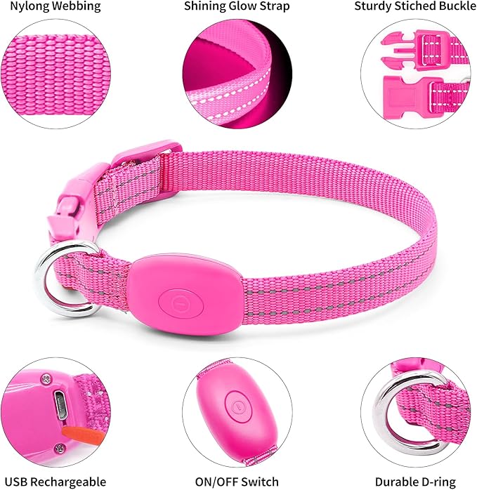 Illumifun LED Dog Collar USB Rechargeable Light Up Dog Collar, Adjustable Safety Collar Light for Small Dogs Cats Glow in The Dark (Pink, X-Small)