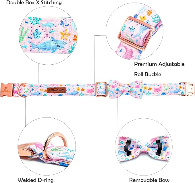 Lionheart glory Dog Bow Collar Sea Animals Print Pink Dog Collar for Large Dogs,Female Male Dog Collars with Bowtie Spring Summer Collars Soft Adjustable Pet Collar Bows