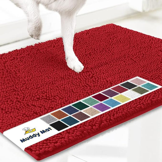 Muddy Mat® Shown on TV – Super Absorbent Microfiber Dog Door Mat for Muddy Paws, Non-Slip Washable Pet Rug, Quick Dry Chenille Entryway Carpet, Machine Washable Indoor Outdoor mat, Red 35"x24"