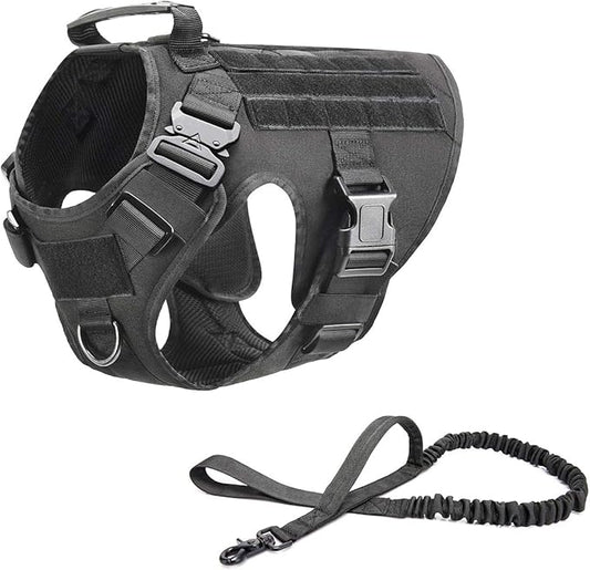 Tactical Dog Harness Vest with Handle Military Working Training Molle Vest with Metal Buckles & Loop Panels for Large Dogs for Walking Hiking Hunting Training Free Bungee Dog Leash (Black L)