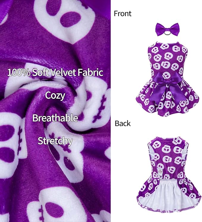 CuteBone Dog Dresses Velvet Holiday Small Dogs Clothes Onesie Pet Apparel Girl Puppy Skirt with Bow Hair Rope CVA35L