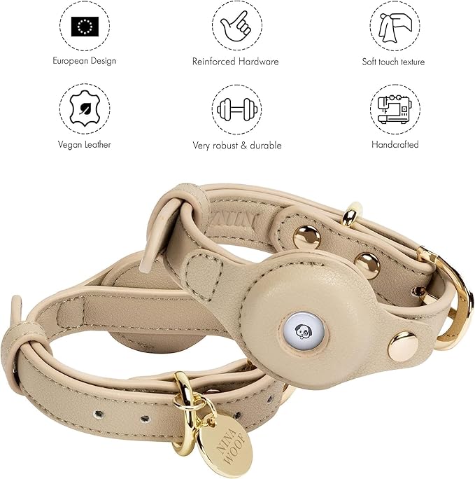 Cupertino Dog Collars, Harnesses & Leashes Made from Vegan Leather with Dog Tracker Device Holder Adjustable Dog Collar - Color Beige, Large