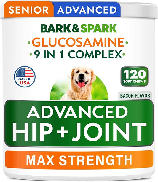 Bark&Spark Senior Advanced Glucosamine Chondroitin for Dogs - Hip Joint Pain Relief - Old Dog Joint Chews Large & Small Breed - Hip Joint Chews Joint Health Care Treats - 120Ct