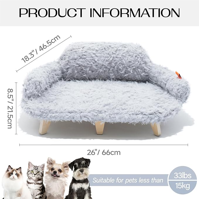 MEWOOFUN Removable Washable Cover Cat Bed - 26"x18.3"x8.5" Elevated Wooden Pet Sofa for Cats & Small to Medium Dogs, Modern Pet Furniture (Grey)
