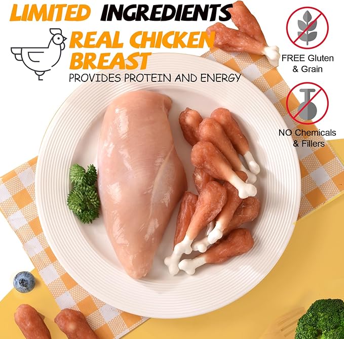 ASMPET Dog Treats, Chicken Jerky Wrapped Calcium Bone Drumsticks Rawhide-Free Grain-Free 3 inches Health Chewy Training Treats (Min 18 pcs/Pack) for Small Medium Large Breeds Teeth Cleaning