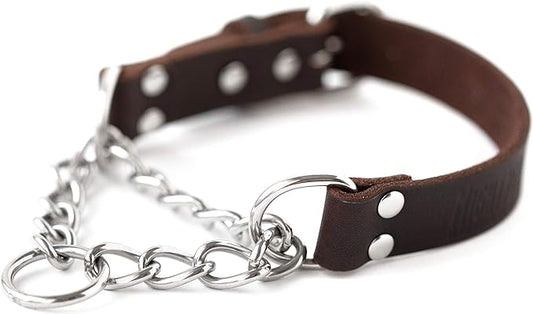 Mighty Paw Martingale Dog Collar - No Pull Design - Stainless Steel Chain - Limited Chain Cinch Training - Brown Leather Martingale Training Collar - Small Size